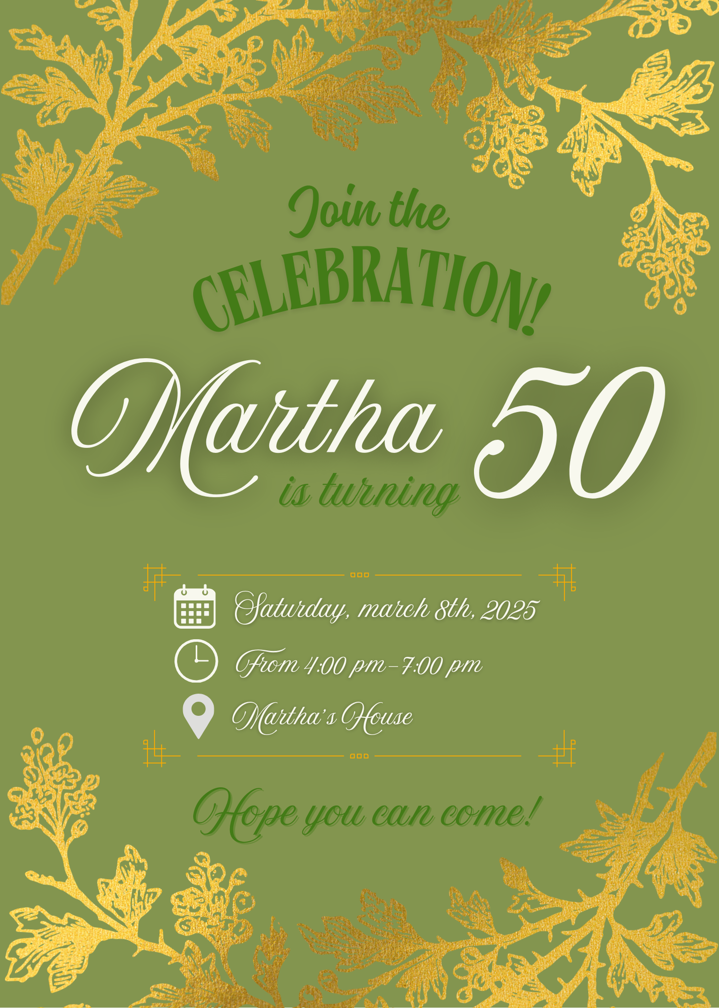 “Elegant Green and Gold Birthday Invitation - Editable Template”.