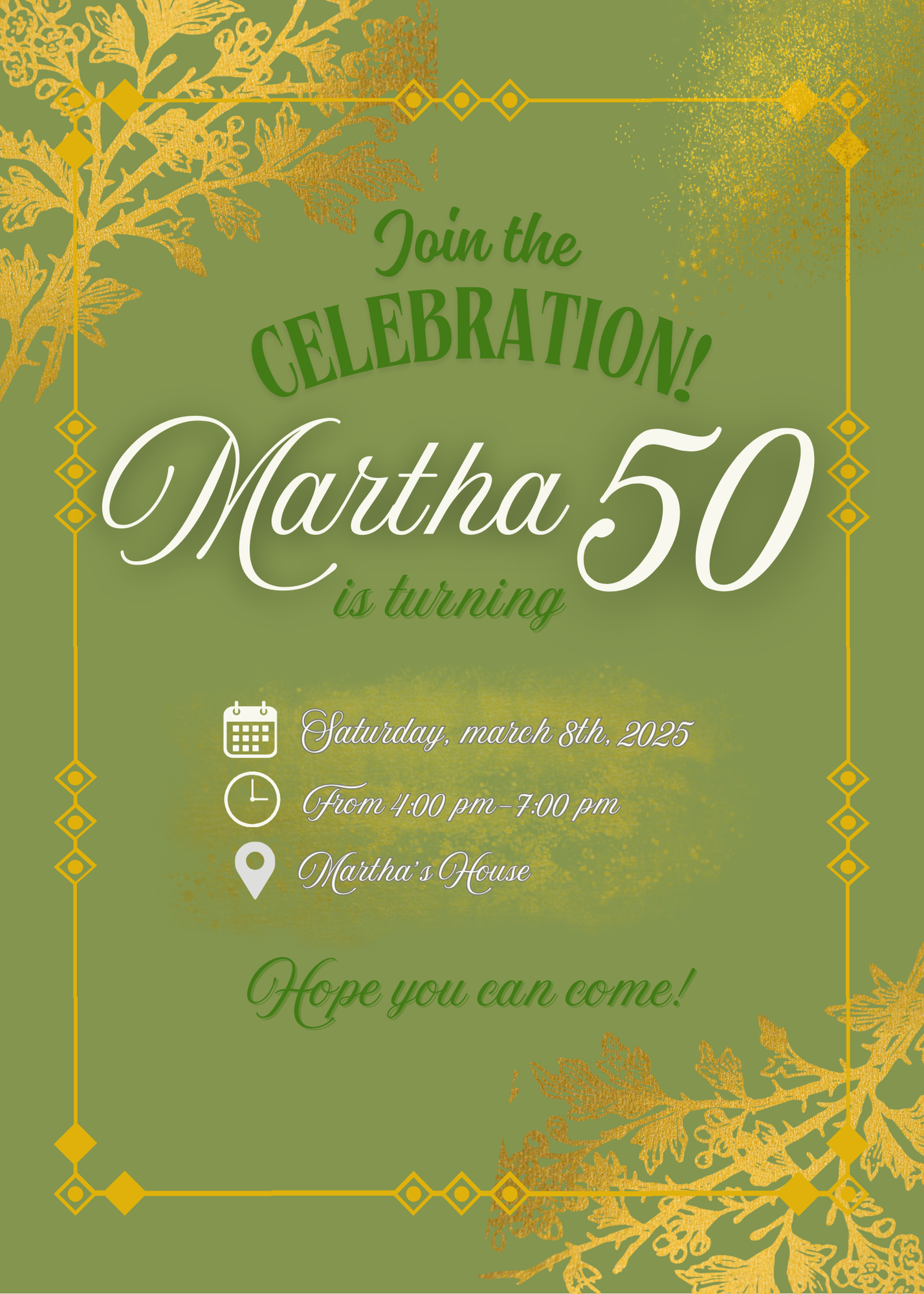“Elegant Green and Gold Birthday Invitation - Editable Template”