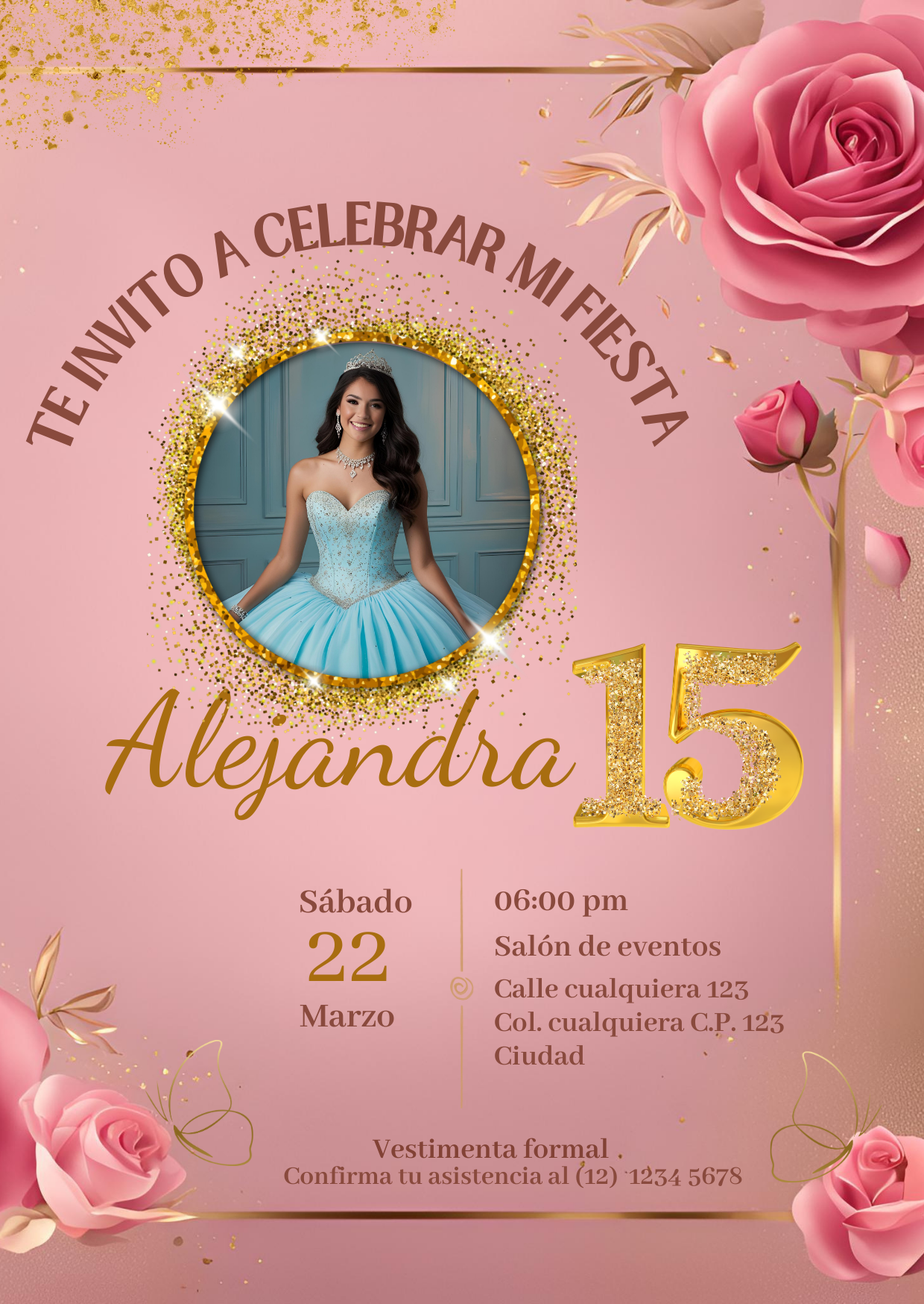 "Una Invitación de Ensueño: Rosa, Dorado y Magia para tus 15 Años - Plantilla Editable"