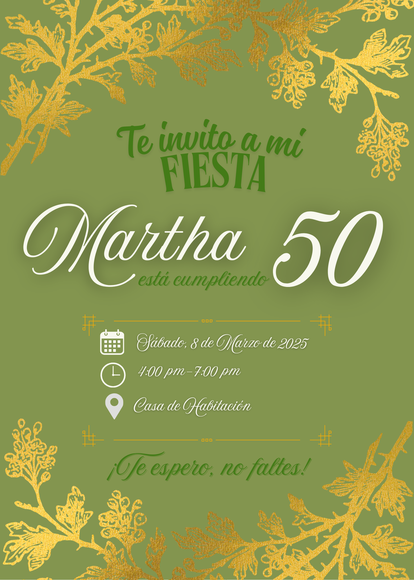 "Invitación de Cumpleaños Elegante en Verde y Dorado - Plantilla Editable"