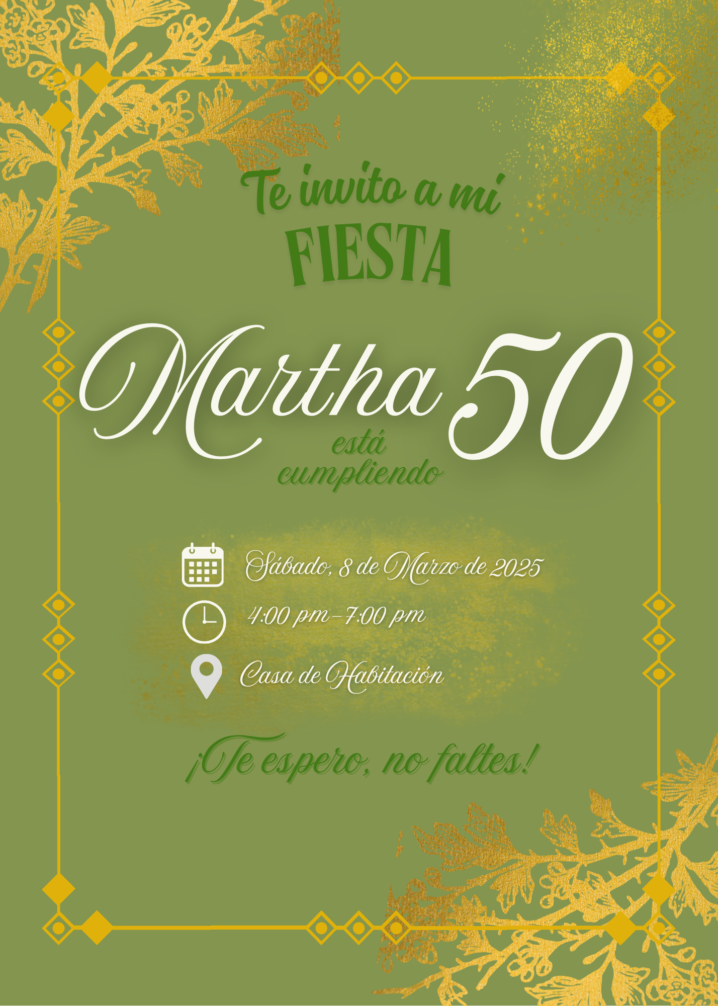 "Invitación de Cumpleaños Elegante en Verde y Dorado - Plantilla Editable"